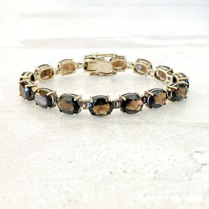 Vintage Faceted Oval Smoky Quartz Sterling Silver Line Bracelet 15 Gems 38 Carat